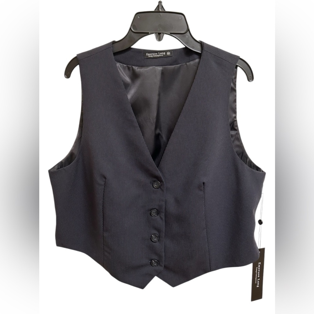 NWT Emerson Lang Women Navy Pinstripe Button Up Tailored Suit Vest Top Size M